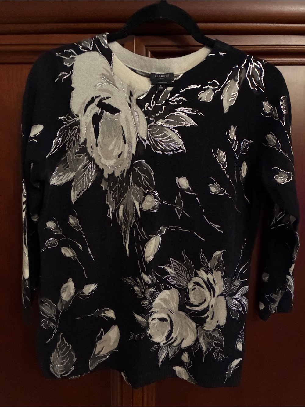 Talbots Black and Ivory Floral Crew Neck Sweater with Metallic Accents